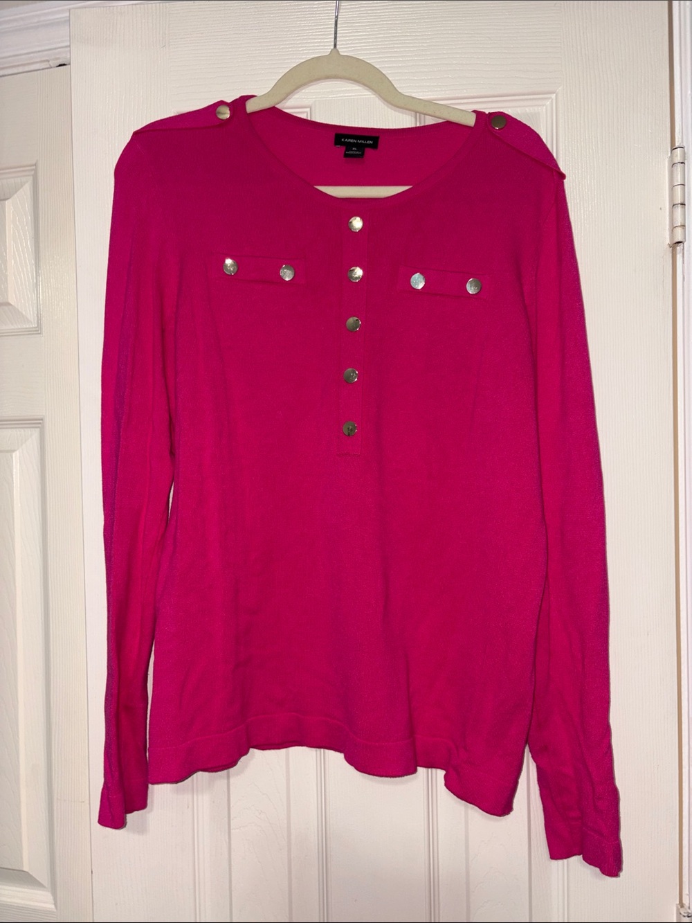 Karen Millen Hot Pink Button-Accent Knit Top. Size XL